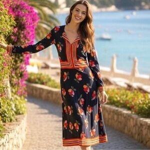 Boden Navy Floral Midi Dress – Size 12 Long